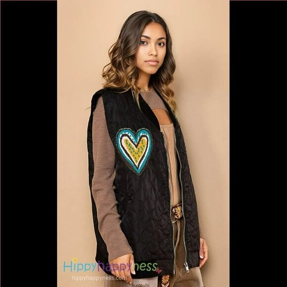 POL Jackets & Blazers - POL Clothing Whimsical Light Quilted Vest Black with Heart Patches S/M & M/L NWT